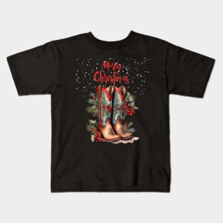 Merry Christmas, Christmas gifts and cowgirl boots, mistletoe branches, hawthorn and pine branches with pine cones Kids T-Shirt